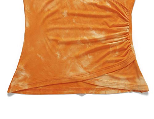 Beauhuty Women Tie Dye Tee Shirts Casual Soft Slim Fit Short Sleeves Deep V Neck Ruched Tops (S, Short-Tie Dyed Orange) #TOP6