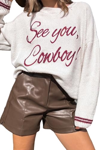 Urchics Women's White See You Cowboy Embroidered Western Graphic Sweater Casual Vintage Knit Crewneck Pullover Top