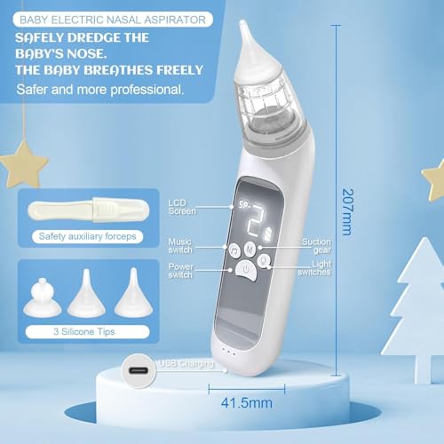 Image of Electric Nasal Aspirator, Snot Aspirator for Children, Automatic Snot Sucking with 3 Suction Levels and 3 Silicone Tips USB Charging Music Soothing Function and Seven Colour Lights