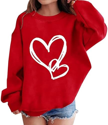 Valentines Day Shirts for Girls Cute Love Heart Graphic Sweatshirt Crewneck Long Sleeve Pullover Top Teen Preppy Clothes