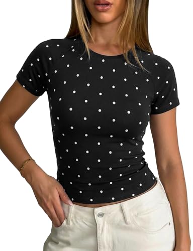 Lingswallow Womens Summer Fashion Polka Dot Short Sleeve Crew Neck Slim Fit Soft Casual T-Shirt Black