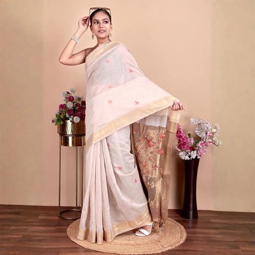 Image of Beige Cotton Saree with Zari Weaving Work and Blouse Piece, Traditional Indian Wear for Women
