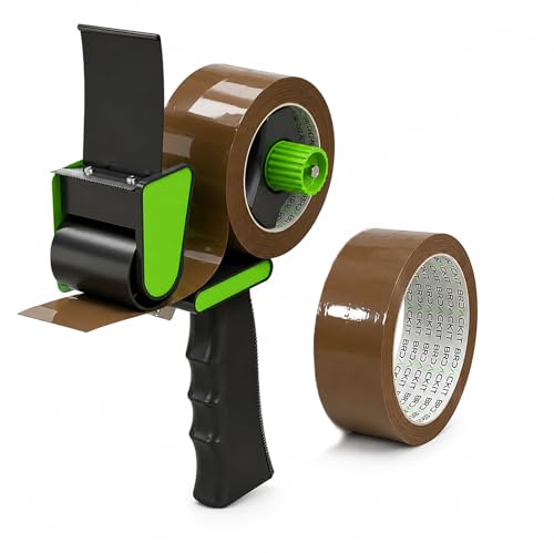 Brackit Packing Tape Set - Brown Tapes with Dispenser - 48mm x 66m - 2 Roll Pack Strong Heavy Duty Tape for General Use or Moving Home Easily Seal Your Parcels and Boxes