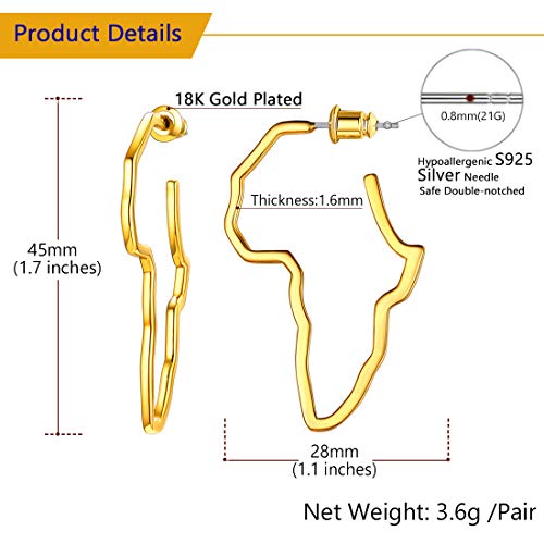 U7 Brincos de mapa africano, aço inoxidável/preto/banhado a ouro 18K, brincos vazados exagerados, br