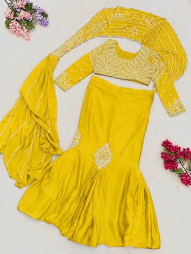 Image of Lehenga choli Womens And Girls Soft Crep Silk Saree With Full-Stitched Blouse With Embroidery Work Wedding navratri party letest