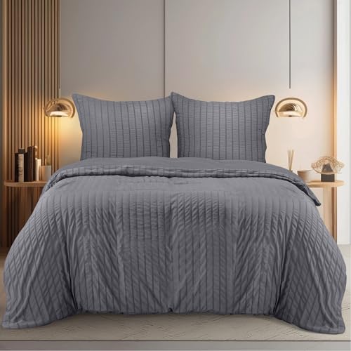 Utopia Bedding Seersucker Funda Nordica Cama 180 - Juego de Funda Nórdica de Microfibra Seersucker 240x260 cm y 2 Funda de Almohada 65x65 cm (Gris)