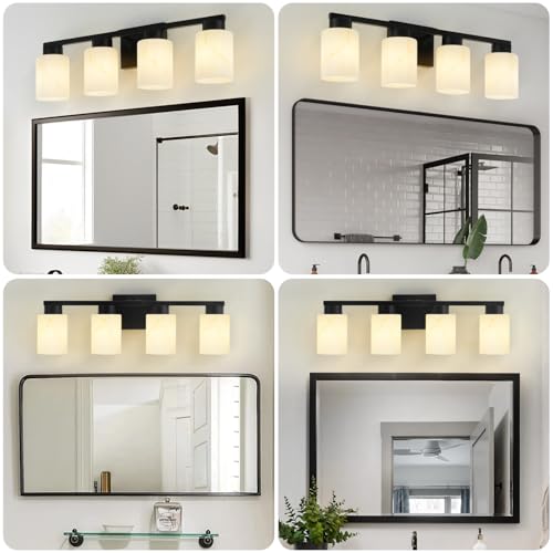Image of 4-Light Bathroom Light Fixtures, Modern Vanity Lights, Black Metal Wall Lamp with White Marble Glass for Bathroom, Mirror, Living Room, Bedroom, Cabinet, Porch, Hallway, E26 Base