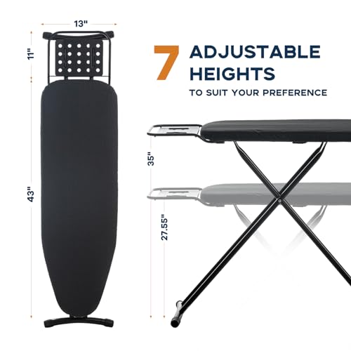 Ironing Board Full Size, RAINHOL 54\"x13\" Heavy Duty Compact Iron Board with Iron Rest, Heat Resistant Cover with Ultra Thick Padding, Height Adjustable Sturdy Iron Stand, Black