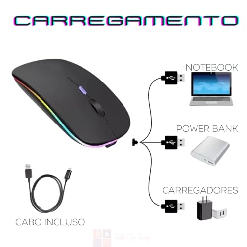 Mouse Sem Fio Recarregável com Led RGB, Design Ergonômico, Conexão Dual Bluetooth 5.0/USB 2.4GHz, DP