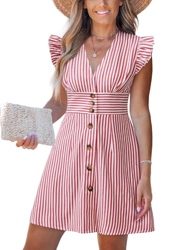 Image of CUPSHE Women's Striped Summer Dresses V Neck Casual Mini Dress Flutter Sleeve Ruffle Button Sundresses