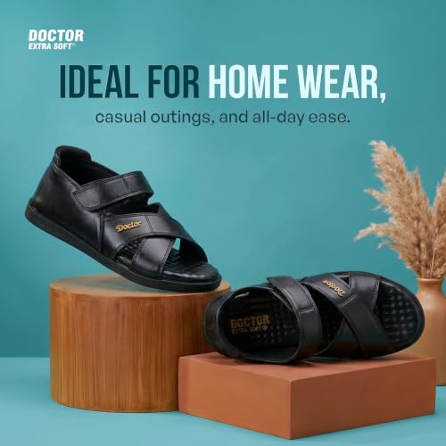 Image of DOCTOR EXTRA SOFT Orthopedic Diabetic Comfortable Dr Sole Footwear Daily Use Casual Wear Stylish Black Cushioned Adjustable Strap Sandals for Men's-Gents & Boy's L-12