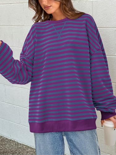 Image of PRETTYGARDEN Womens Striped Oversized Sweatshirt Color Block Crew Neck Long Sleeve Casual Loose Pullover Top Y2K Clothes