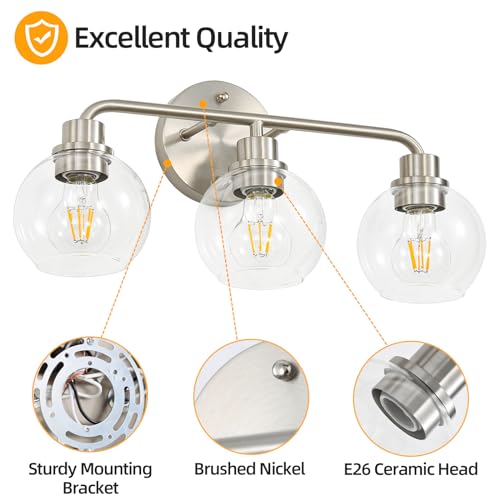 Image of 3 Light Bathroom Vanity Light Fixtures, Brushed Nickel Vanity Lights | with Clear Globe Glass Shades, Modern Bathroom Lights Wall Sconce Wall Lamp for Mirror Living Room Kitchen Bedroom Hallway
