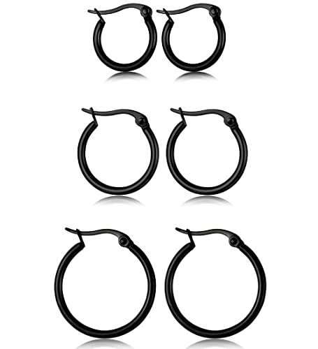 Jstyle 3 Pairs Stainless Steel Hoop Earrings Set for Women Mens Black Silver Gold Small Hoop Earring, Lightweight Click-Top Hoops Piercing 10-20MM