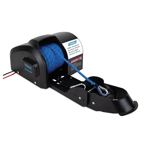 Camco TRAC Outdoors Pontoon 35-G3 Electric Boat Anchor Winch - Easy-to Operate & Features a High-Efficiency, 12-Volt DC, All Steel Gear Motor & 100-feet Pre-Wound Double-Braid Anchor Rope (69003)