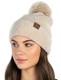 Funky Junque Fluffy Chenille Beanie Hat for Women, Super Soft Warm Winter Cap with Oversized Faux Fur Pom Pom, One Size Fits Most - Beige