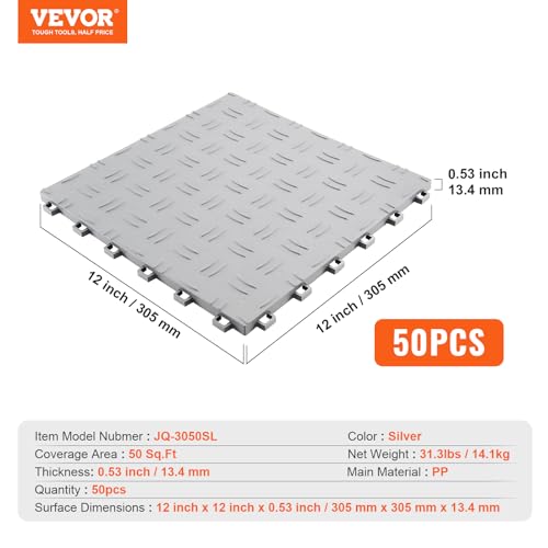 Image of VEVOR Garage Floor Tiles 12 x 12 x 0.53 inch, Interlocking Design Ease of Installation Double-Sided Texture Non-Slip Sturdiness, for Garages, Basements, Repair Shops, Silver, 50 Pack | Easy Installation Double-Sided Texture Non-Slip Sturdiness, Premium PP for Garage, Basement, Repair Shop, Silver