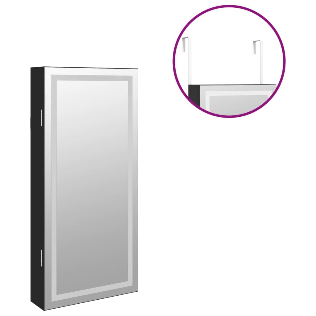 Czarna szafka na biżuterię z lustrem z oświetleniem LED, montowana na ścianie, zamykana, materiał drewnopochodny, 31,5 x 9 x 67 cm, do sypialni, łazienki, do przechowywania biżuterii