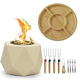 Smores Maker Fire Pit with 4 Extendable Roasting Sticks, Indoor & Outdoor Fire Pit with Serving Tray, Concrete Smores Kit, Table Top Firepit for Home Decor, Smokeless Firepit Gift for Patio & Parties