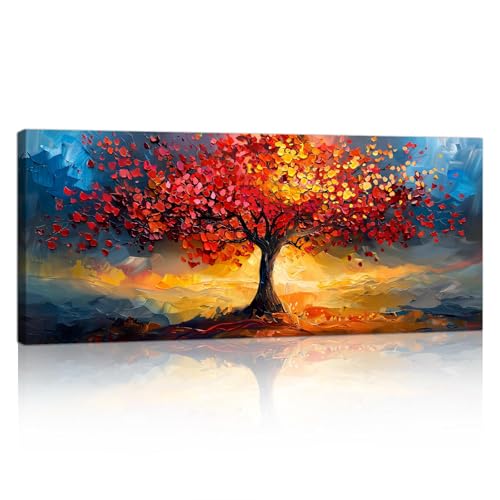 Arancione Rosso Albero Della Vita Grandi Quadri Moderni Soggiorno, Natura Tramonto Panoramico Stampe da Parete Quadro Moderni Immagine Pittura su tela Camera da letto Cucina Decorazione 120x50cm