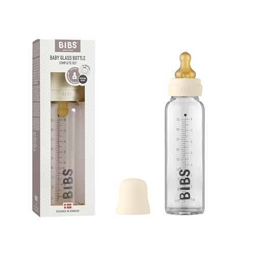 Image of BIBS Baby Glass Bottle Complete Set 225 ml | BPA Free Natural Rubber | Made in Denmark | Ivory
