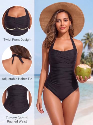 Image of Smismivo Tummy Control Swimwear Halter One Piece Slimming Vintage Retro Swimsuit Womens Ruched Push Up Bathing Suit