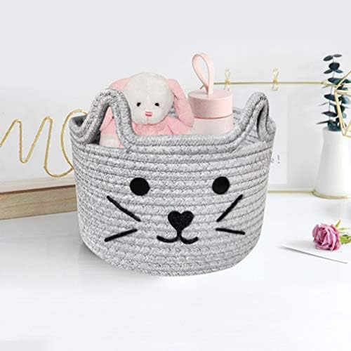Inwagui Natural Cotton Rope Storage Basket Woven Round Storage Box Cat Design Decor Organiser Bin for Nursery Kid's Room, Toys, Cosmetics - Grey