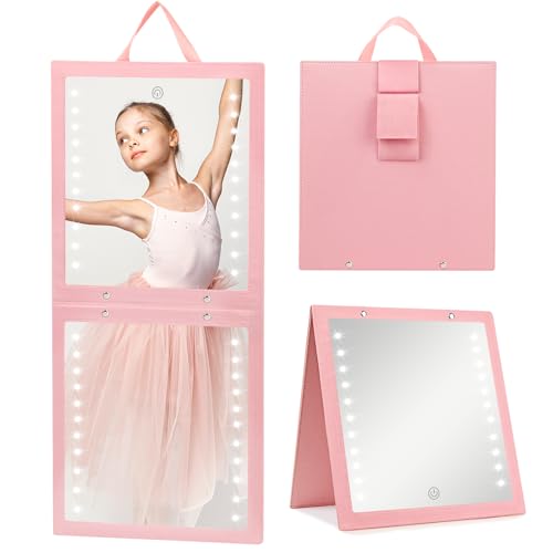 Fabuday Lighted Hanging Mirror for Dance Backstage - Rechargeable Folding LED Full Length Mirror with Lights for Dancers Portable Foldable Travel Body Mirrors Brightness Adjustable Pink