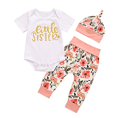 Little/Big Sister Matching Baby Girls Clothes Flower Long Sleeve Tops Romper Pants Headband/Hat Autumn Outfits Set (Little Sis 3Pcs, 0-3 Months)