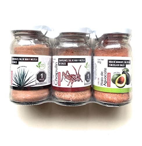Cazel 3 Pack Mexican Salt Kit 2.1 oz jars of Sal de Gusano Sal Chapulin y Sabor Sorpresa 60 gr Mezcal Agave Worm and Grasshopper Salt with Free Flavor Salt