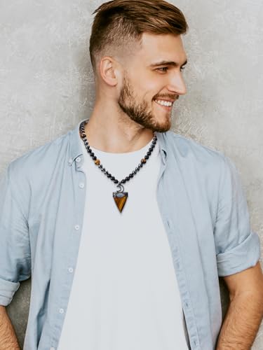 Jovivi Mens Stone Beaded Necklace Natural Tiger Eye Obsidian Hematite Healing Crystal Necklace Triangle Pendulum Pendant Crystal w/Moon4