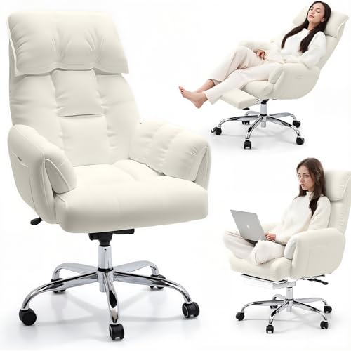 Office Chair with Footrest Ergonomic Design Adjustable Tilt Lock Big and Tall PU Leather Executive Chair Swivel Rolling Chair for Adult Working Study Desk Chair Comfy for Home Office (A05 White)