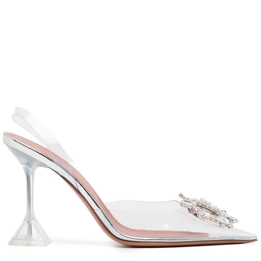 XEYANFYS Crystal Rhinestones Slingback for Women Clear Heels Shoes Pointed Toe 2.76 in High Heels Slip On Weddings Parties Pumps Sandal Shoes