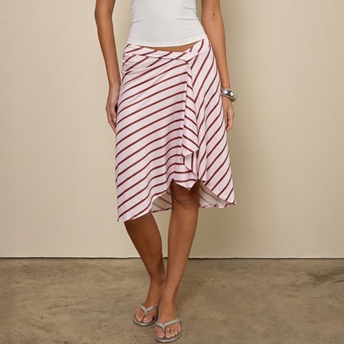 Women Flowy Midi Skirt Y2k Low Rise Stripe/Plaid Print Asymmetrical Wrap Skirts Elegant Ruffled A-line Skirt3