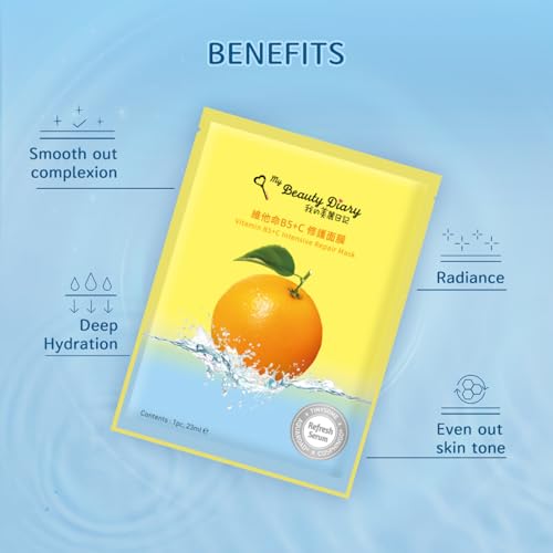 My Beauty Diary Vitamin B5+C Intensive Repair Mask, Glowing and Moisturizing Facial Mask, Restores Skin Radiance, Self Care Face Sheet Mask for Dull Skin and All Skin Types (8 pcs) - Image 6