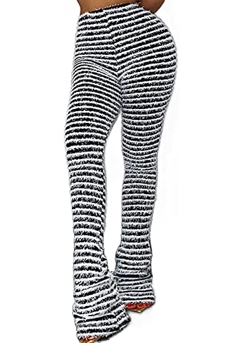Vakkest Women's Striped Knitted Stacked Leggings Pants Hip Lifting Casual Streetwear Trousers Y2K Fluffy Jogger Sweatpants