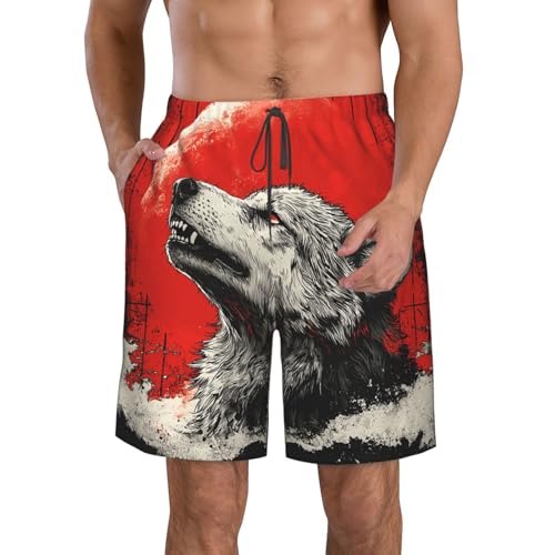 Men's Swim Trunks Beach Board Shorts Swimwear Bathing Suits - Goth Wolf Moon Retro Art