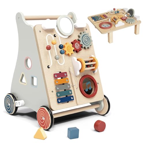 Image of Baby Push Walker with Detachable Busy Board, Wooden Baby Walker with Adjustable Speed Wheels, Montessori Push Walker for Babies, Push Walking Toys for Boys & Girls 1 Year Old, Gifts for Toddler