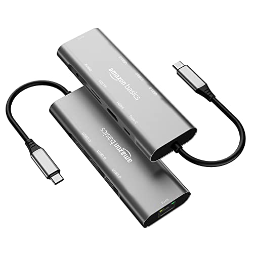 Image of Amazon Basics USB-C Hub Dock 9-in-1 Aluminium Type-C Adapter with 4K HDMI, Ethernet 1000mbps Port, 3 USB 3.0, USB-C Power Delivery, 3.5mm Audio only, TF /SD Card Reader, Mac & Windows USB-C Devices