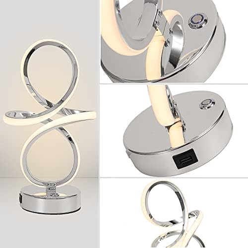 Dimmable Touch Control Table Lamp Silver Curved LED USB Charge Bedside Lamp for Bedroom Office Living Room Creative Modern Home Decor Table Light
