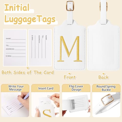 Image of Personalized Initial Luggage Tags for Suitcases, Cute PU Leather Embroidered Letter Travel Luggage Tags, Suitcase Identifier Name Baggage Tag, Bag Tags for Men Women Kids Luggage Handbags(White M)