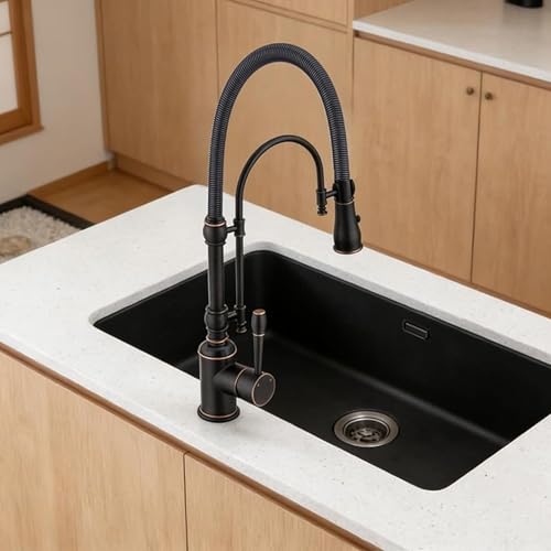 Image of Copper Kitchen Faucet, Single Handle,Solid Brass Single Handle High Arc Pull Down Kitchen Faucet with Pull Down Sprayer, Oil Rubbed Bronze Kitchen Sink Faucets