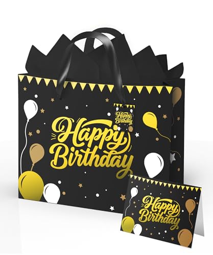 Black Birthday Gift Bag for Men, 12.5 Inch, Foil Stamping