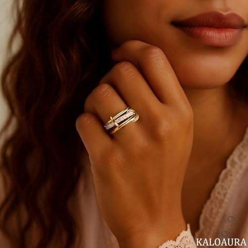KALOAURA Gold Silver Stackable Rings for Women Non Tarnish, 14k Gold Plated Interlocking Stack Ring Set Chunky Cubic Zirconia CZ Multi-Link Mixed Connected Band Thumb Rings Jewelry for Gift — view 2