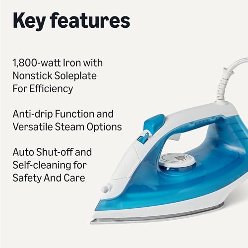 Amazon Basics Steam Iron with Nonstick Soleplate, 1800W, 20g Continuous Steam, 200ml Tank, Blue - Image 3