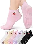 VITEVER 6 Pairs Grip Pilates Socks for Women, Grippy Non Slip Yoga Socks, Cute Cherry Grip Socks for Barre, Hospital, Athletic, Barefoot and Workout