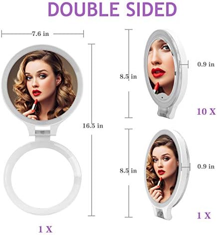 Magnifying Mirror 10X/1X, Double Sided Tabletop Mirror with Adjustable Folding Handle, Portable LED Cosmetic Mirror for Makeup/Bathroom/Travel,Tweezing, Blackhead and Comedone Removal-3 Colors Light