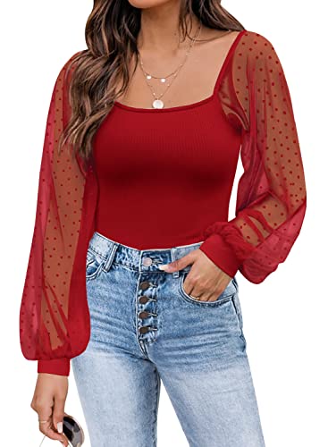 DOROSE Womens Mesh Long Sleeve Shirts Spring Casual Blouses Christmas Valentines Tops Red M