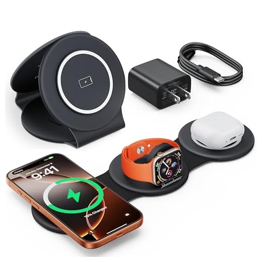 3 in 1 Charging Station for Apple Multiple Devices, Hicober Travel Wireless Charger for Magsafe Charger Foldable Stand Compatible for Apple Watch/iWatch/Airpods/for iPhone 14 13 12 Pro Max Black