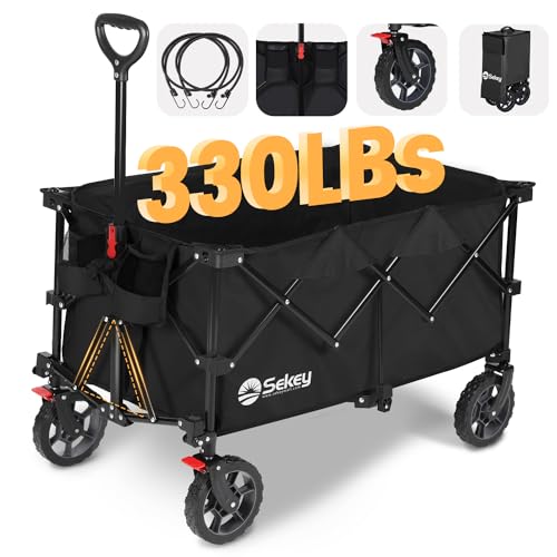 Sekey 220L Collapsible Foldable Wagon with 330lbs Weight Capacity, Heavy Duty Folding Wagon Cart with Big All-Terrain Wheels & Drink Holders.Black